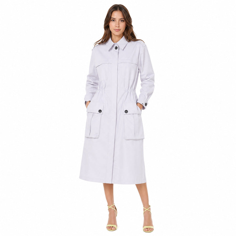 Patrizia Pepe – Liliac grey coat with buttoned pockets – front view on model