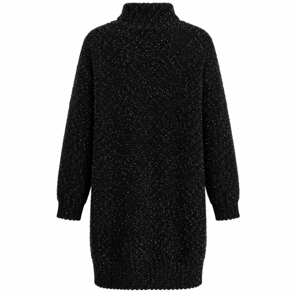Anna Molinari – long black bouclé cardigan – back packshot showing high collar and ribbed hem