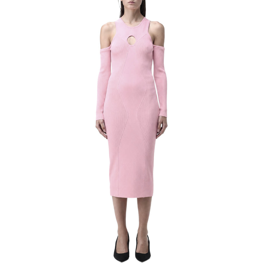 Pinko – Coniglio Bunny pink fitted midi dress – front view with cutout neckline and long sleeves