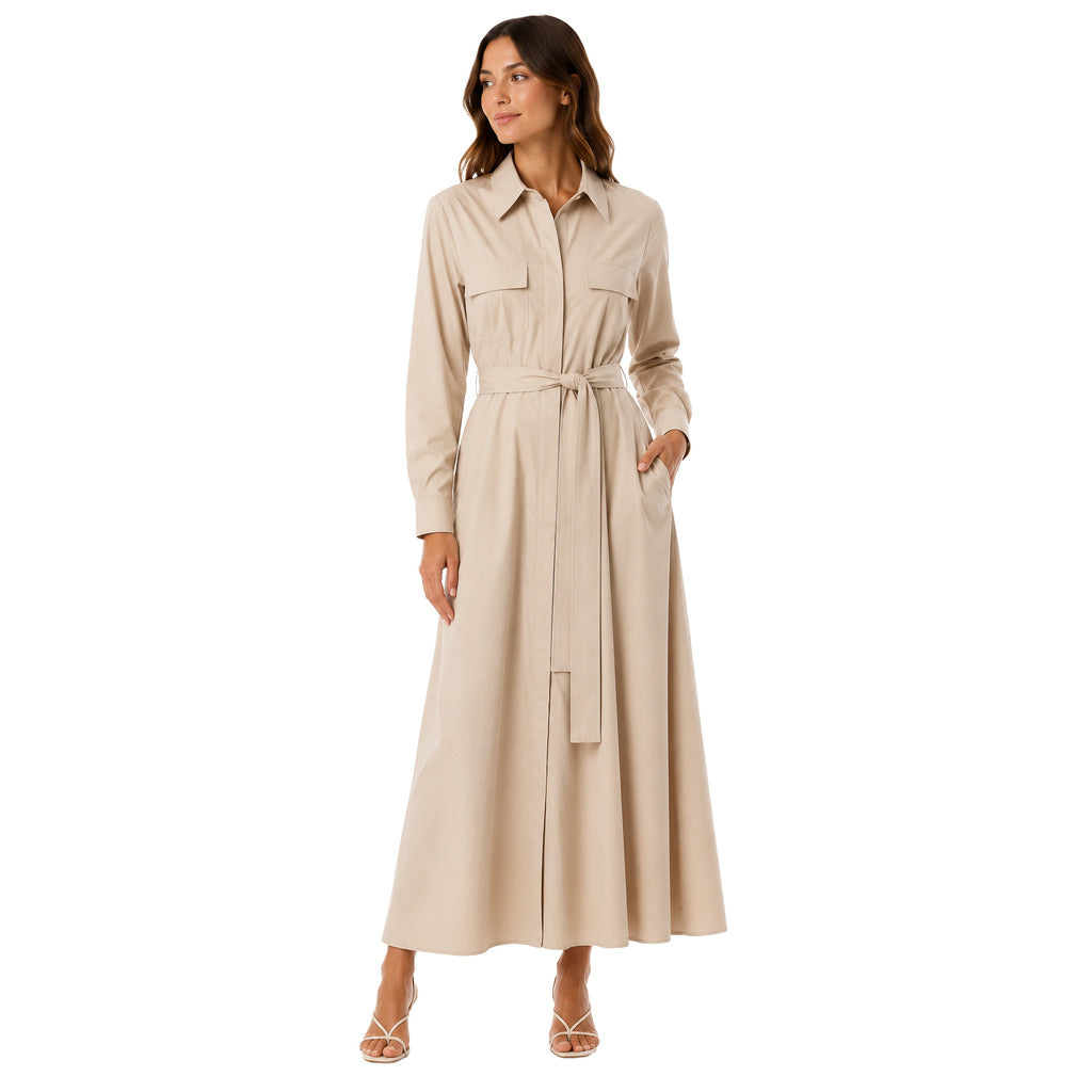 Bagutta – beige cotton shirt dress – front view on model with tied belt