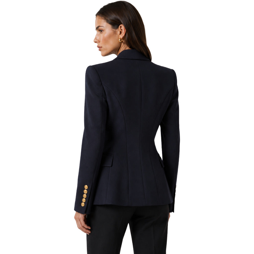 Balmain – blue single-breasted jacket – back view worn by model with gold buttons