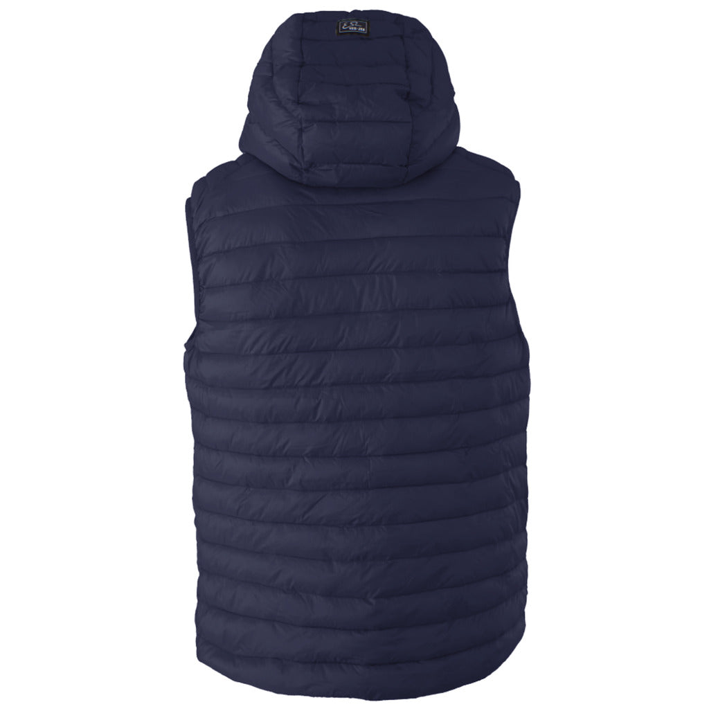 Yes Zee – Hooded Down Vest in Blue – back view with quilted hood