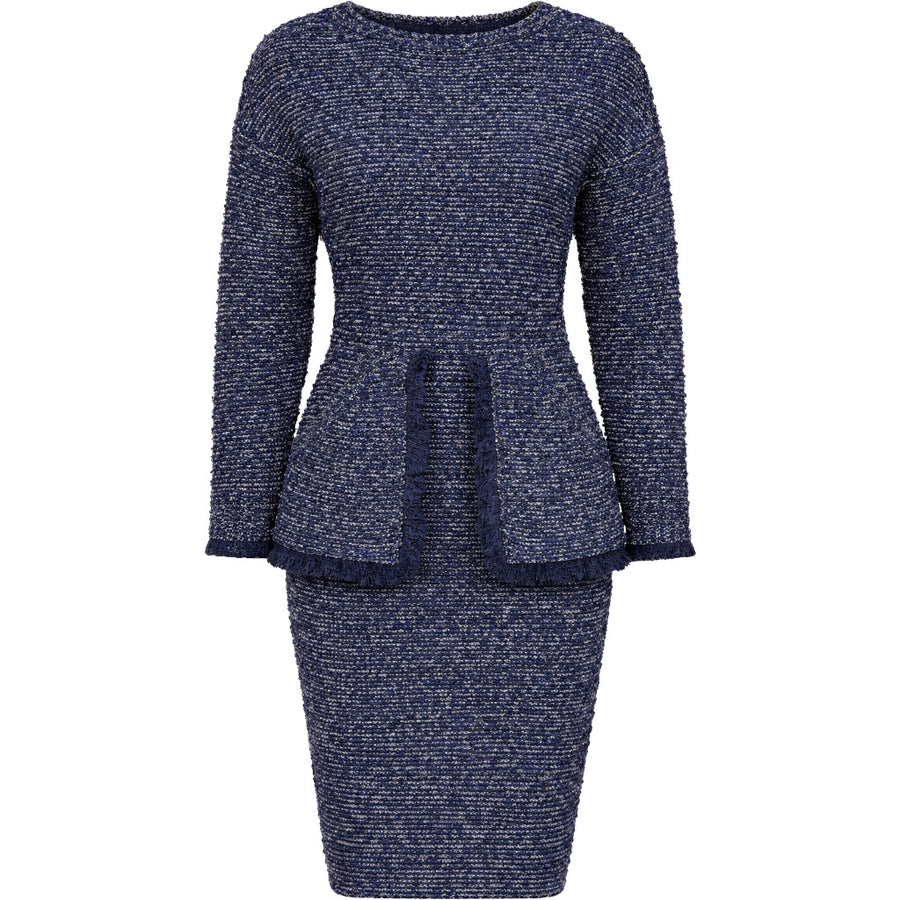 Elisabetta Franchi – smoky blue tweed dress – front flat-lay with long sleeves and peplum waist