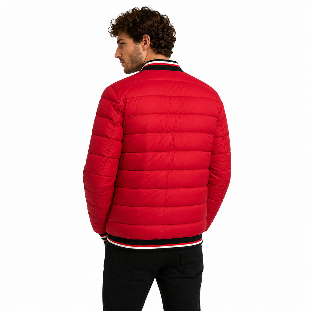 Moose Knuckles – Red Varsity down jacket – Model showing the back and side