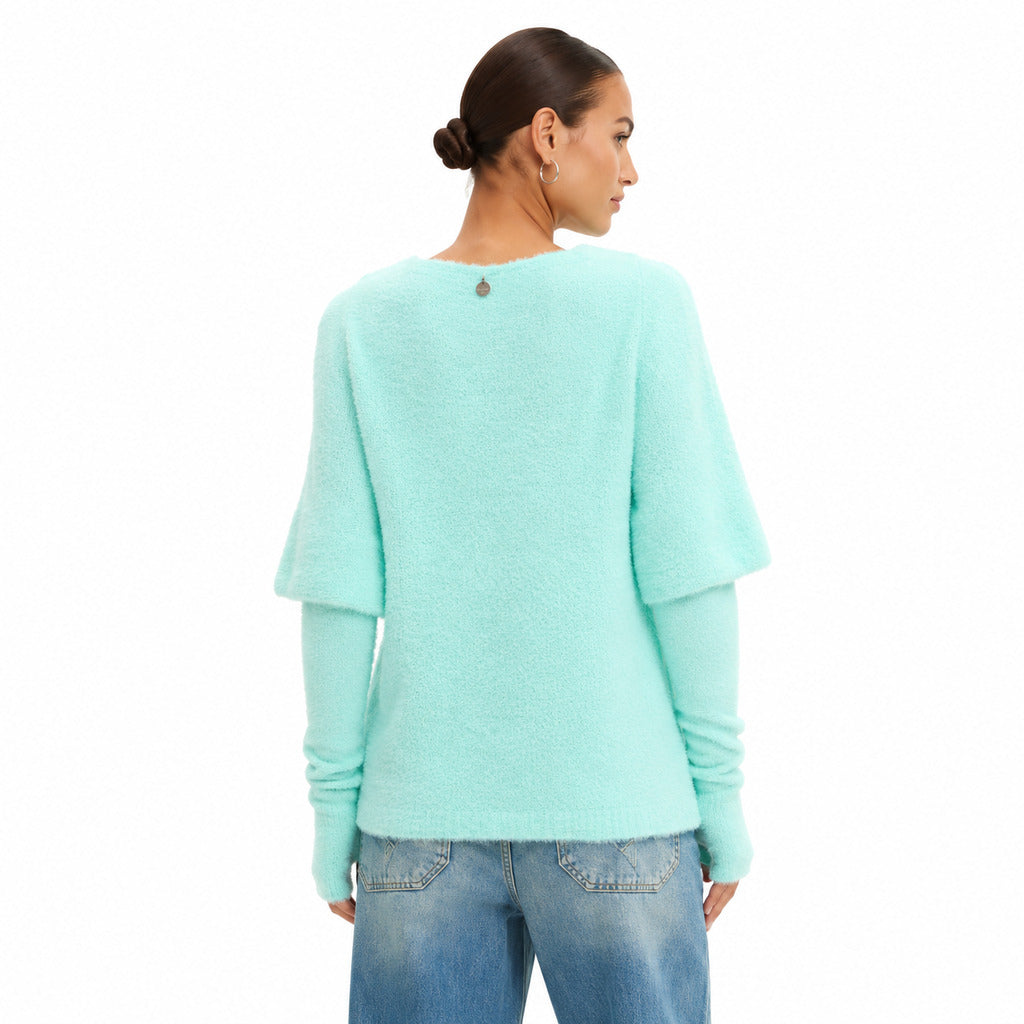 Patrizia Pepe – aqua short-sleeved jumper with soft fuzzy texture – back view worn with jeans
