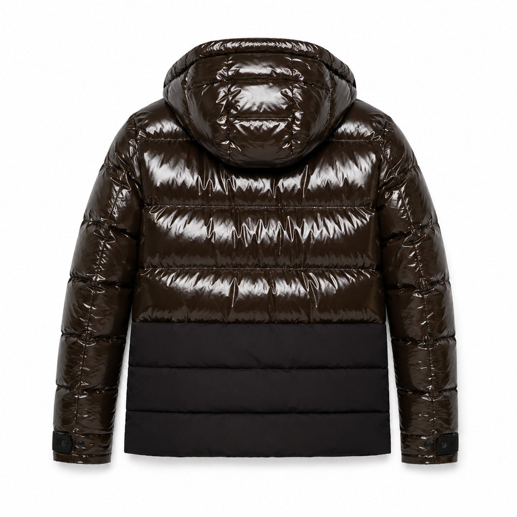 Moose Knuckles – glossy brown padded hooded jacket – flat back view with horizontal quilting