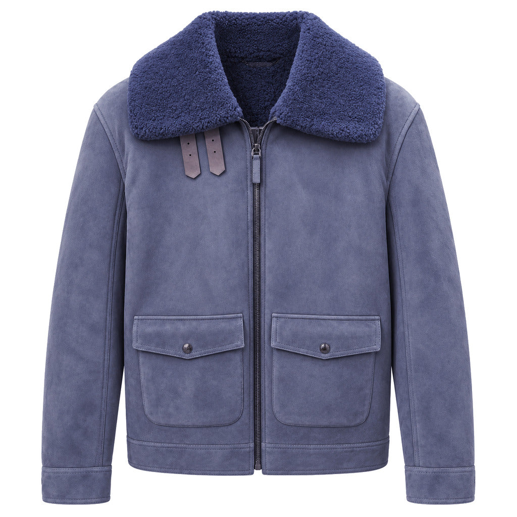 Dolce & Gabbana – blue shearling jacket – front packshot with plush collar and buttoned pockets