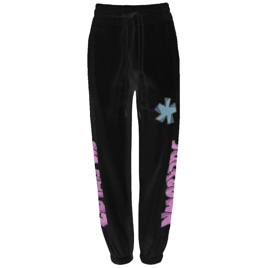 Comme Des Fuckdown – Embroidered Sweatpants – Front packshot in black with pink leg lettering
