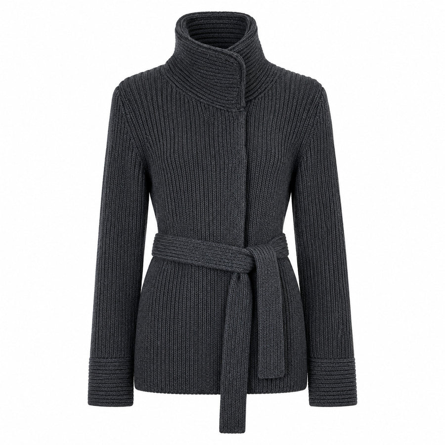 Dolce & Gabbana – grey ribbed knitted jacket with belt – front packshot with high collar