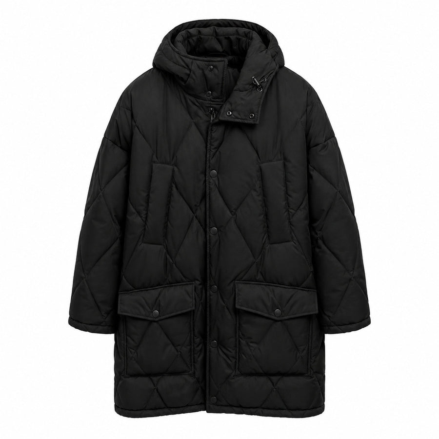 Dolce & Gabbana – black quilted hooded jacket – front flat-lay view with flap pockets