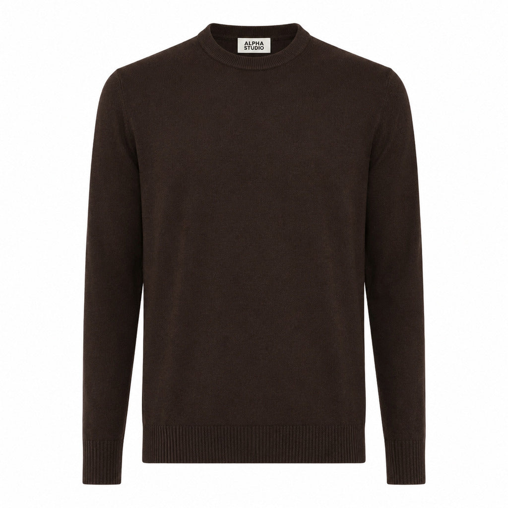 Alpha Studio – brown merino wool crew-neck sweater – front packshot with ribbed cuffs