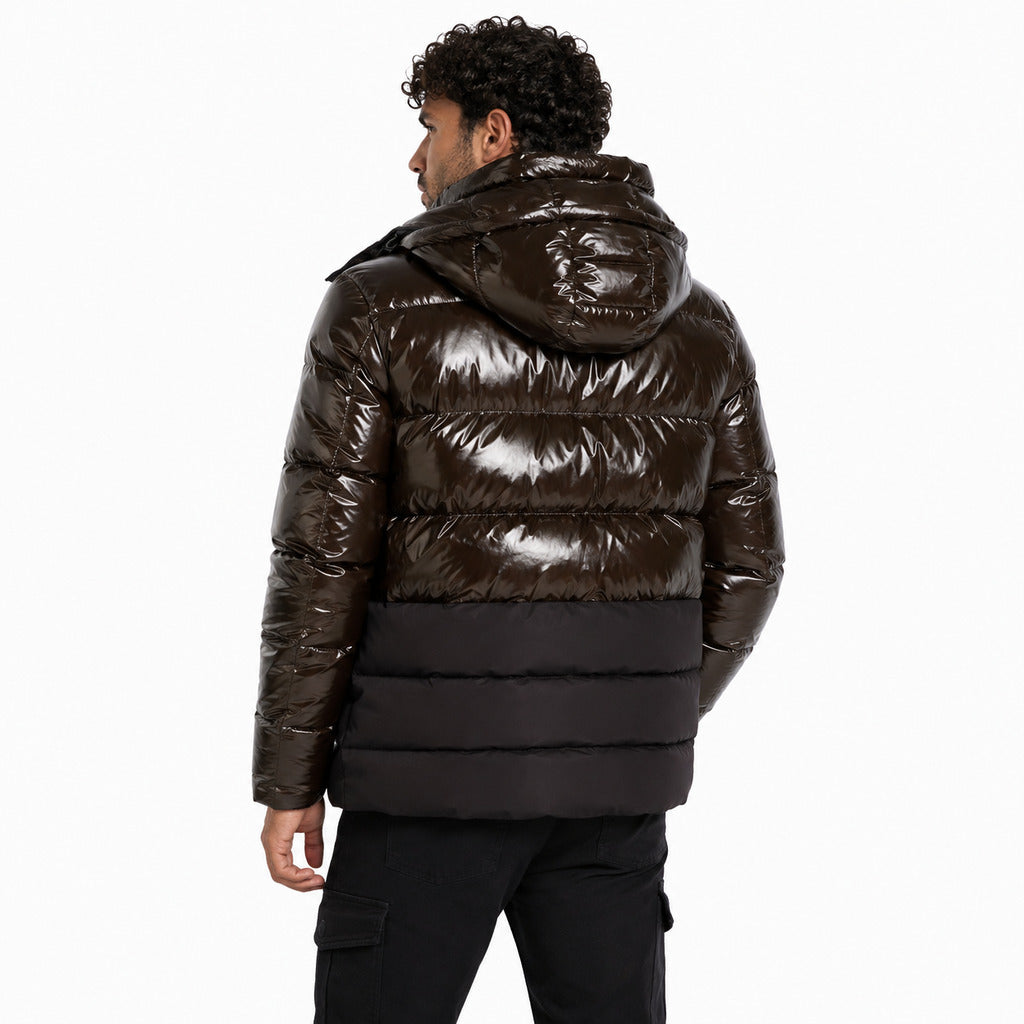 Moose Knuckles – glossy brown padded hooded jacket – back view worn by model with hood