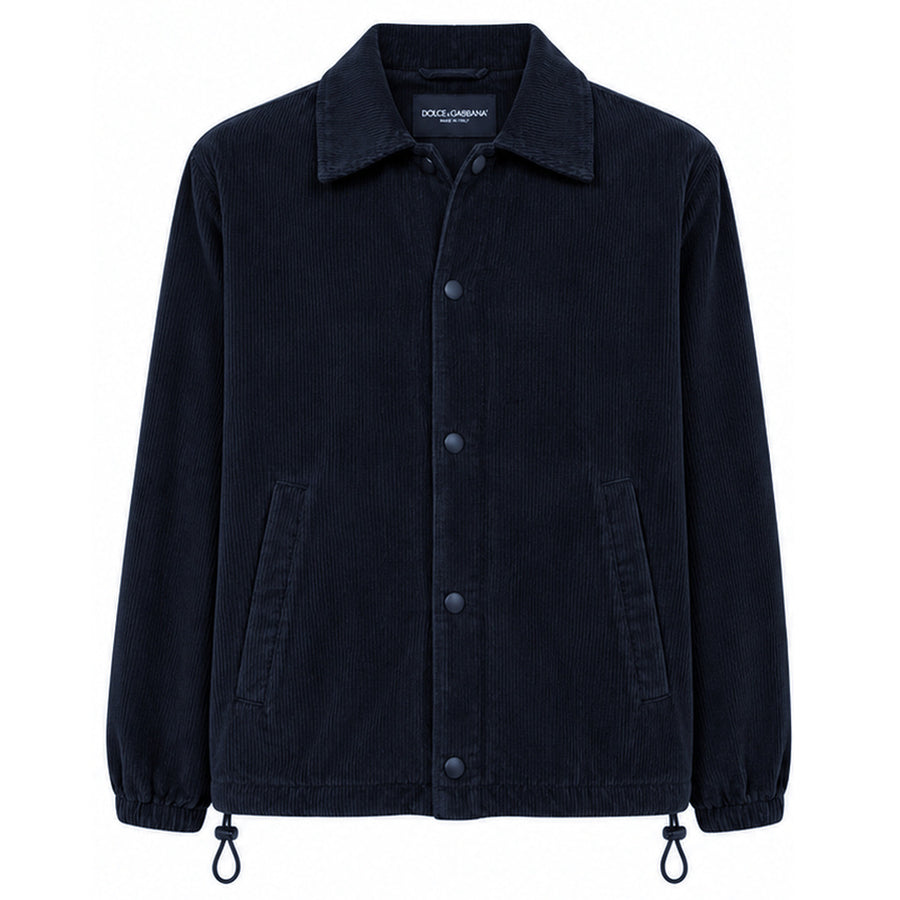 Dolce & Gabbana – blue corduroy jacket – front view with snap buttons and drawstring hem