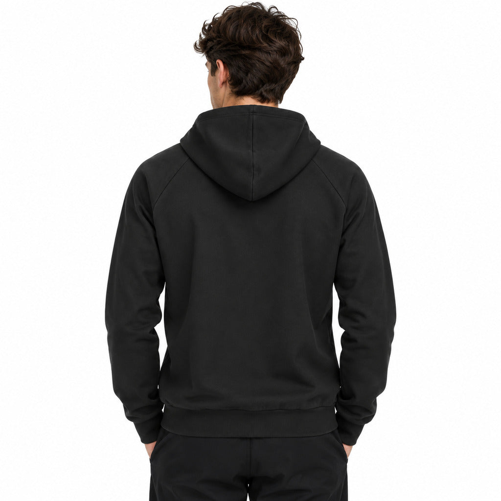Dolce & Gabbana – black hooded sweatshirt – model wearing it, rear view with hood