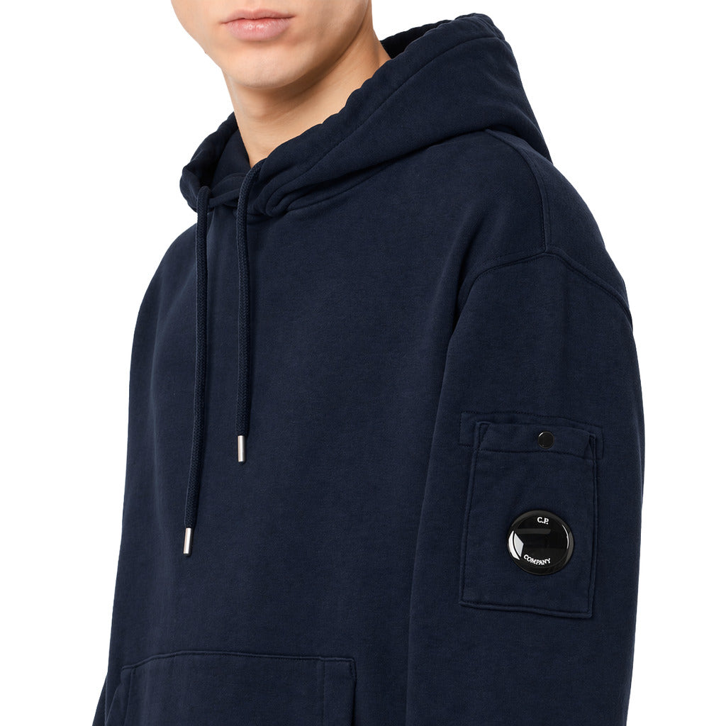 C.P. Company – blue cotton Goggles hoodie – close-up of sleeve pocket and lens