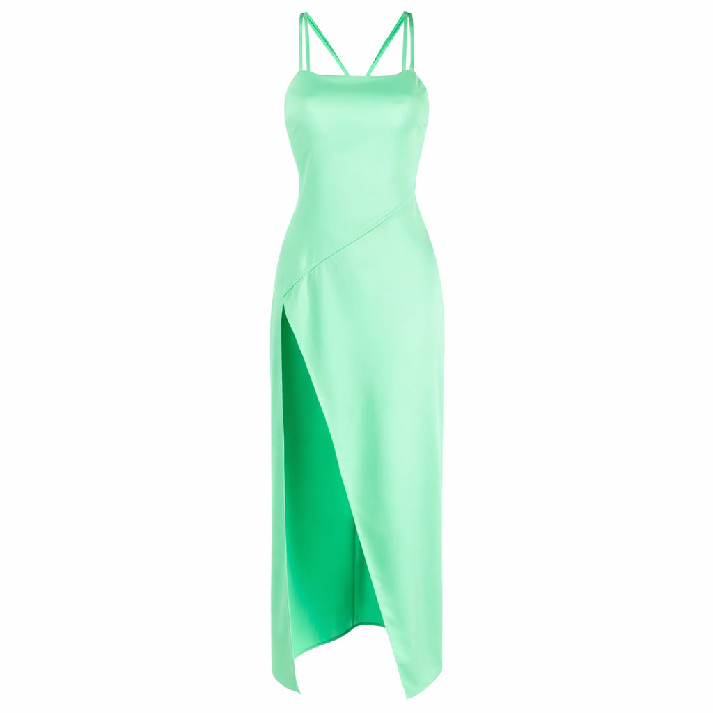 The Attico – green long dress – front packshot with thin straps and side slit