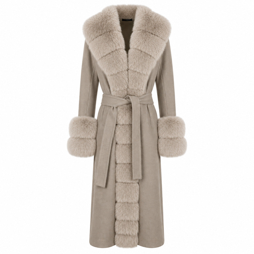 Loro Piana Tessuto – beige fur-trimmed coat with tie belt – front view, plush collar and cuffs