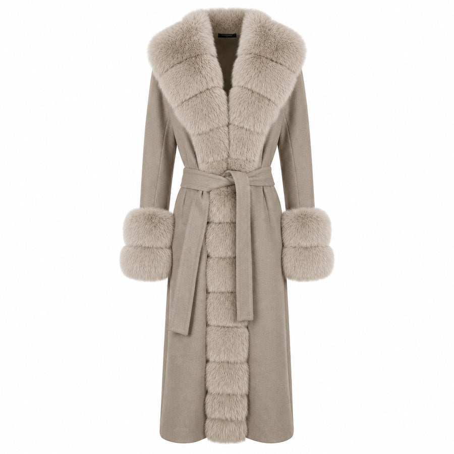 Loro Piana Tessuto – beige fur-trimmed coat with tie belt – front view, plush collar and cuffs