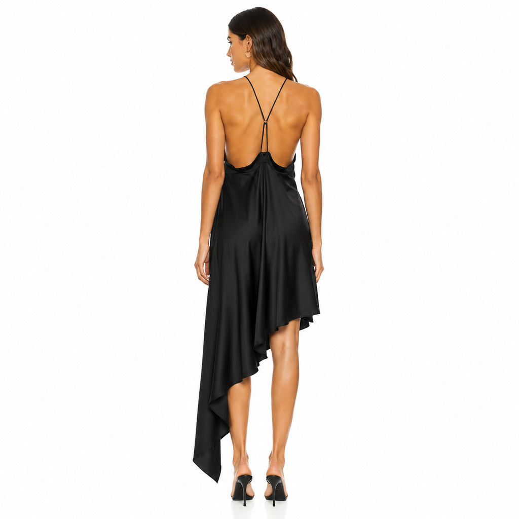 The Attico – black satin asymmetrical dress – back view showing open back and cascading hem