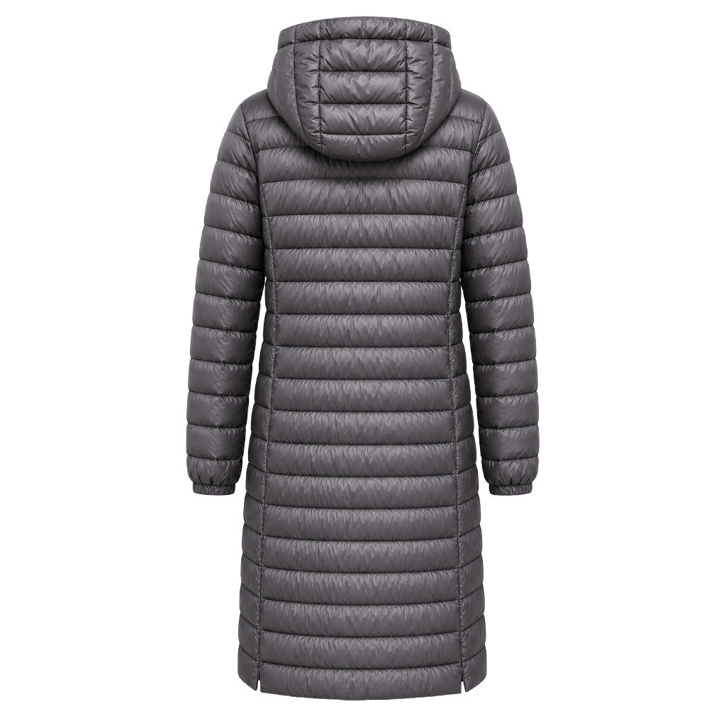 Parajumpers – Magalie long gray down jacket – back view showing hood and horizontal quilting