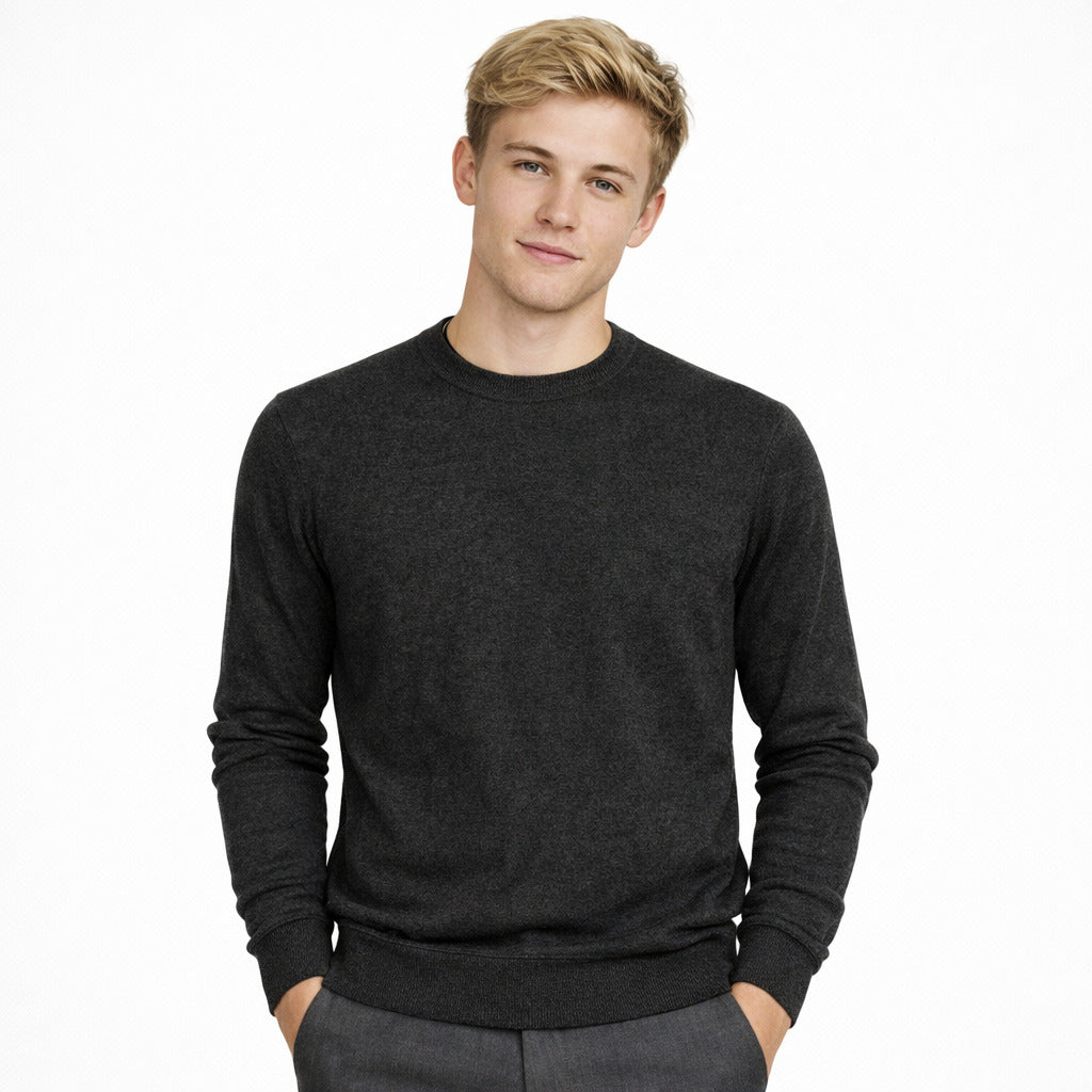 Emilio Romanelli – charcoal cashmere crewneck sweater – front view worn against a white background