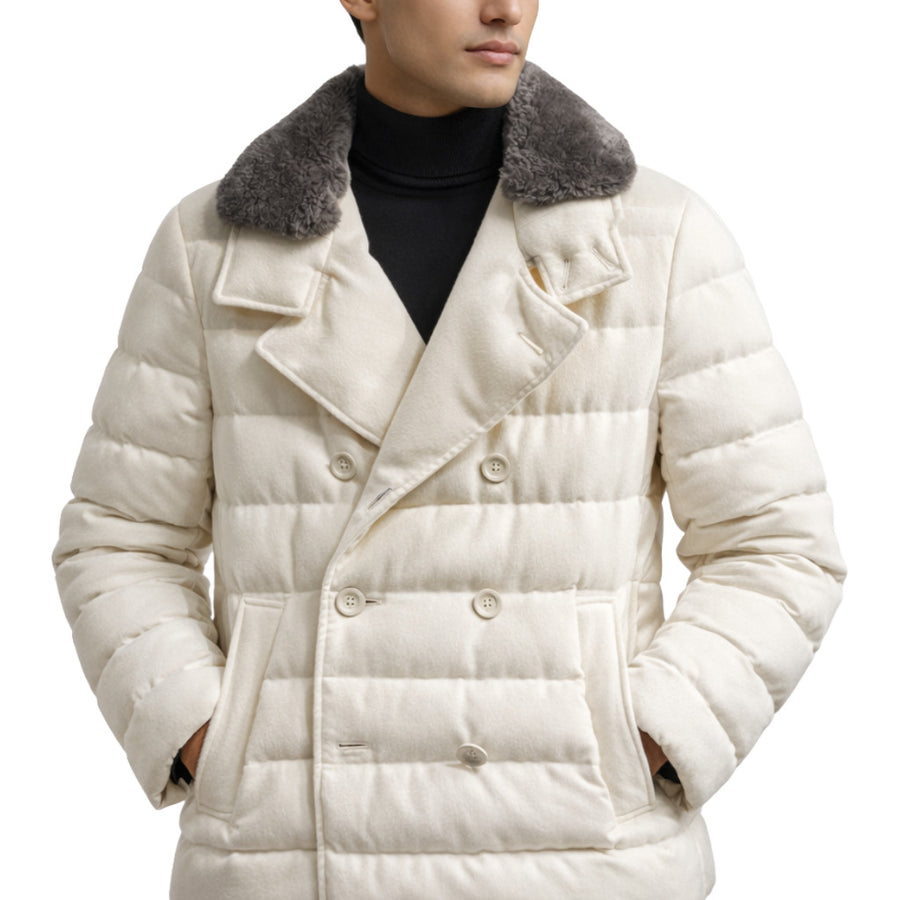Herno – cream double-breasted jacket with quilted panels – front view with grey textured collar