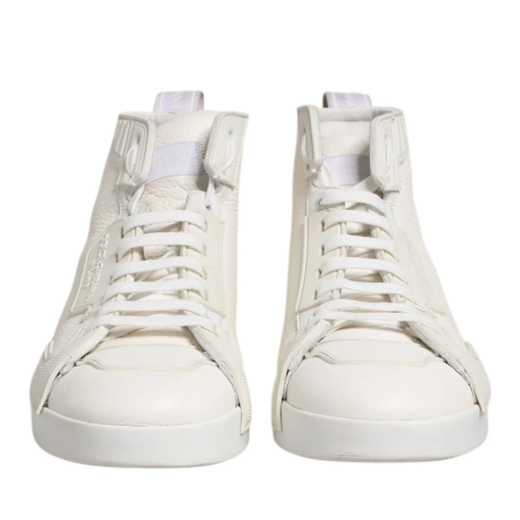 Dolce & Gabbana – white calfskin high-top sneakers – front view highlighting laces and padded tongues
