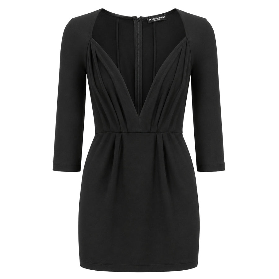 Dolce & Gabbana – black V-neck short dress – front packshot with pleated neckline
