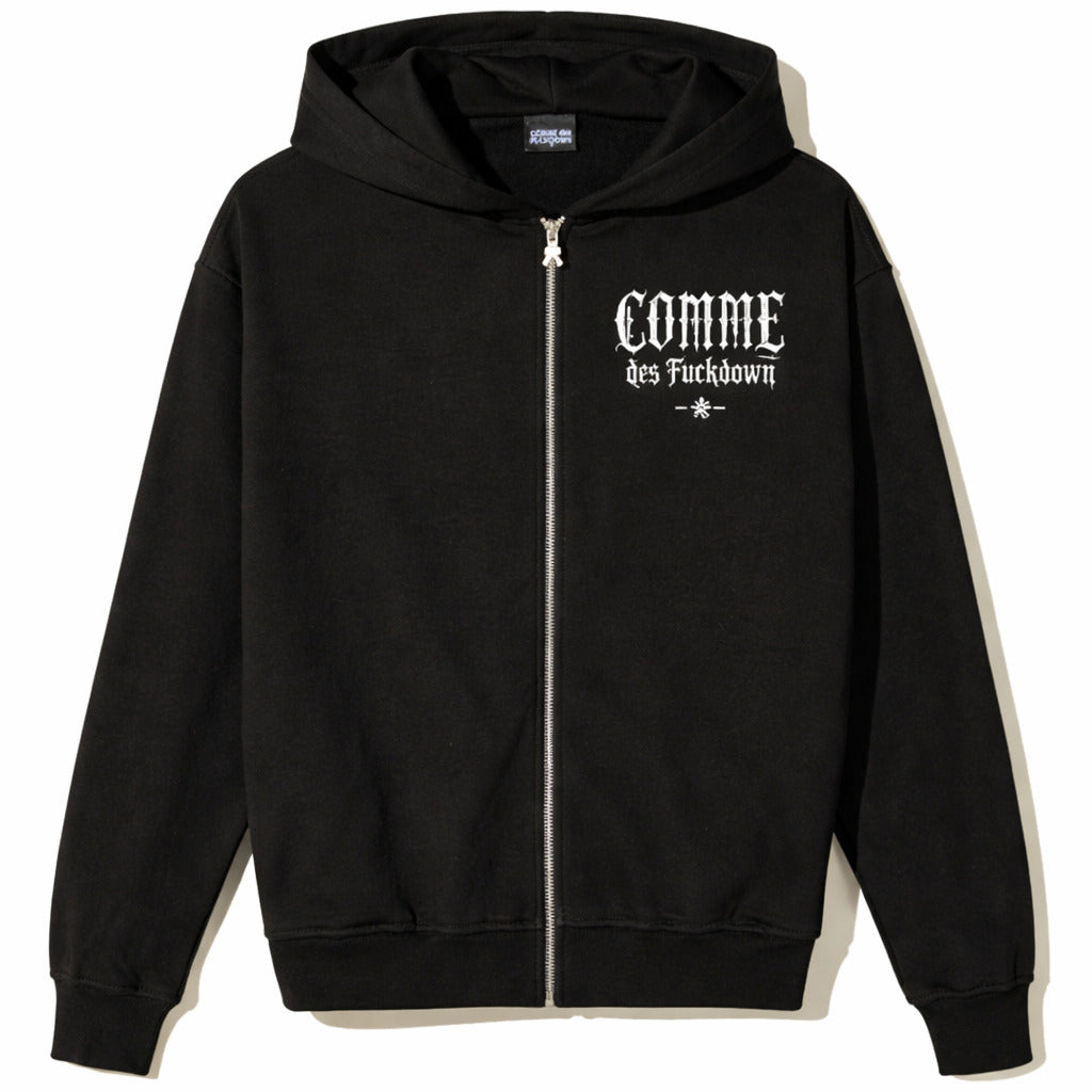 Comme Des Fuckdown – black zip hoodie – front view with hood and white chest graphic
