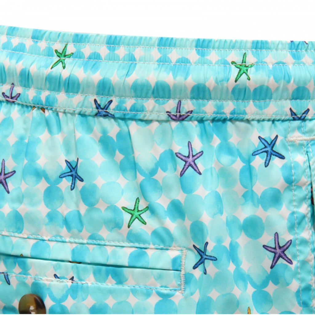 Mc2 Saint Barth – Azzurro swim trunks with starfish print – Close-up of waistband stitching and fabric