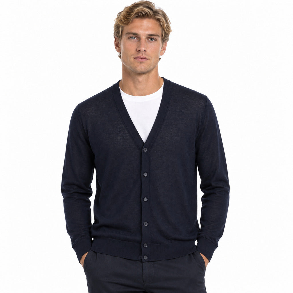 Dolce & Gabbana – Button Cardigan in Midnight Blue – Model wearing cardigan with white T-shirt