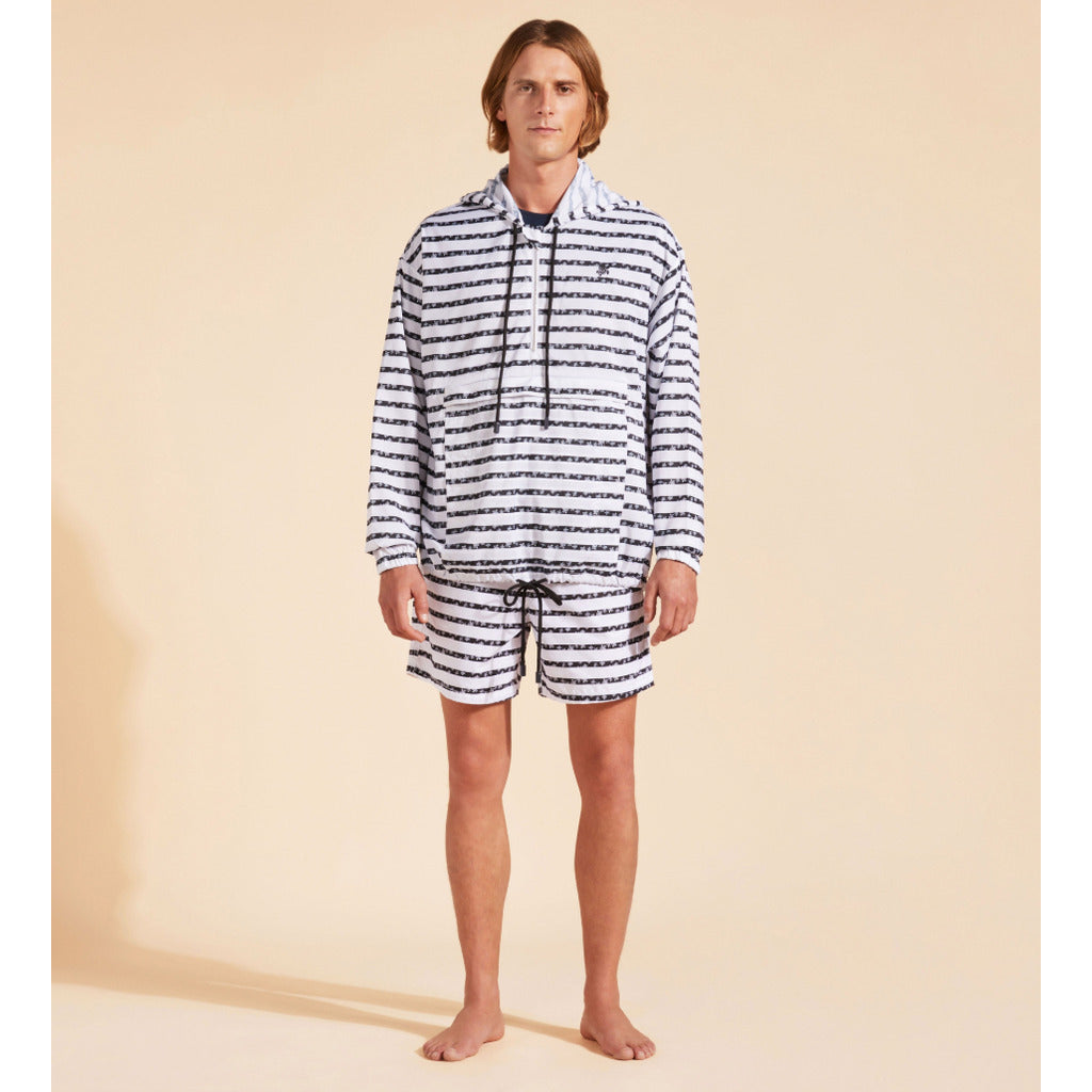 Vilebrequin – Striped Turtle Round Micro white hooded jacket – model wearing it from front