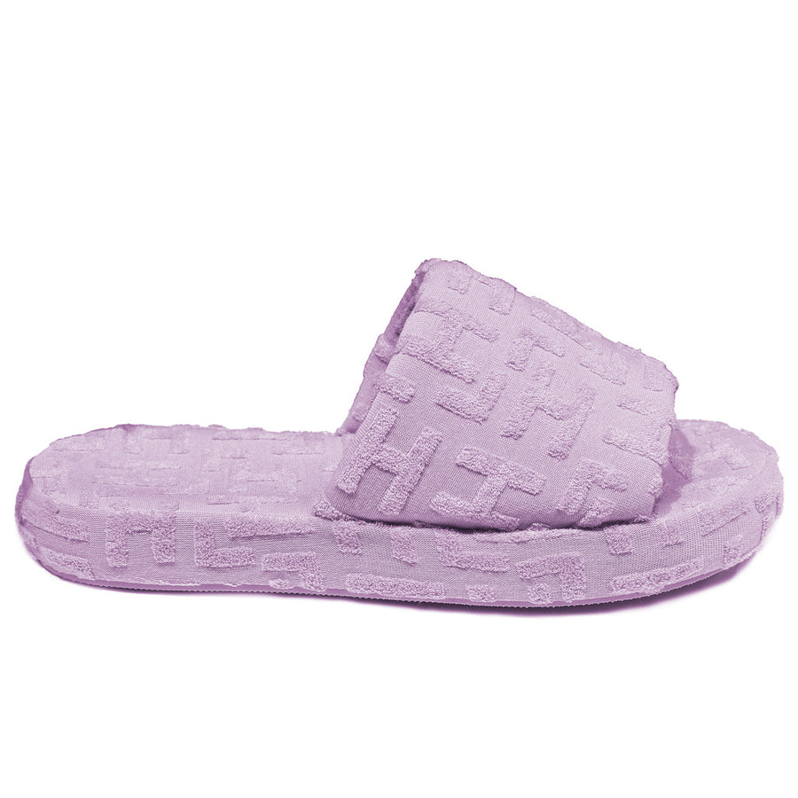 Hinnominate – lilac terry slide sandal – side view highlighting the textured strap