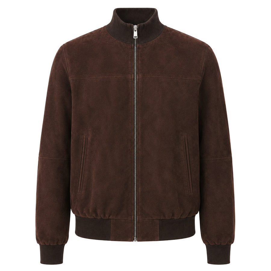 Emilio Romanelli – brown reversible bomber jacket – front view with zip and ribbed collar