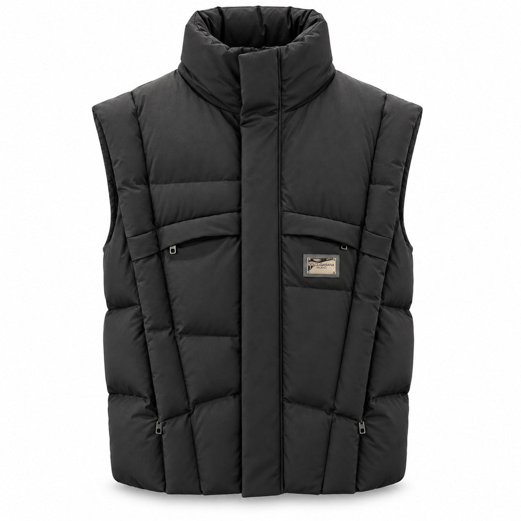 Dolce & Gabbana – Sleeveless Silk Jacket in Black – Front view with raised collar and zip pockets