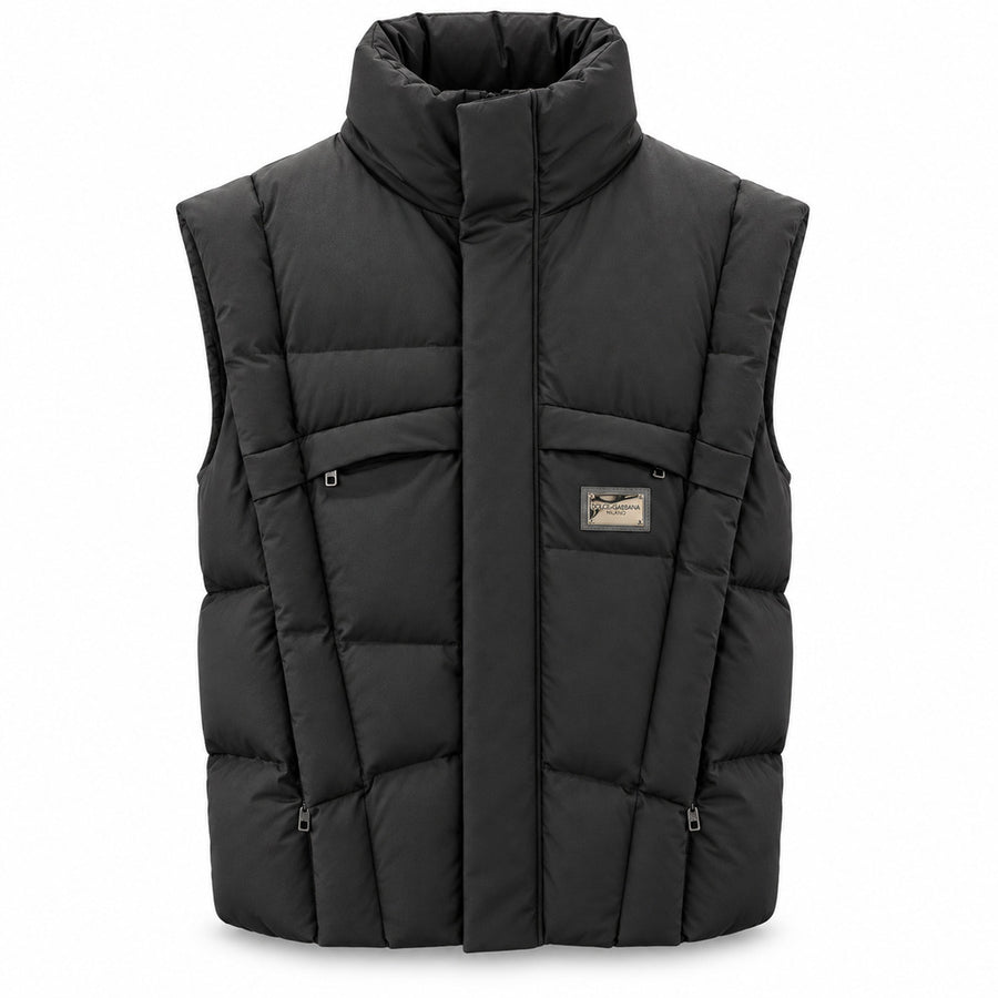 Dolce & Gabbana – Sleeveless Silk Jacket in Black – Front view with raised collar and zip pockets