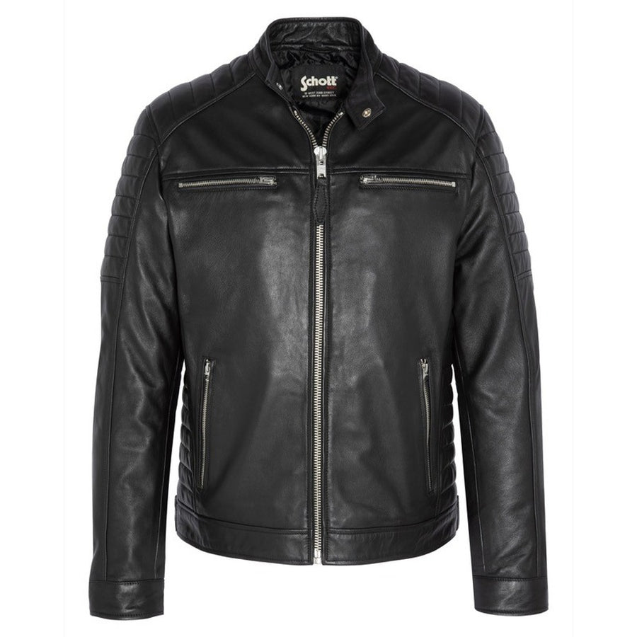 Schott Nyc – Biker Jacket with Quilted Sleeves – Black front view with zip pockets