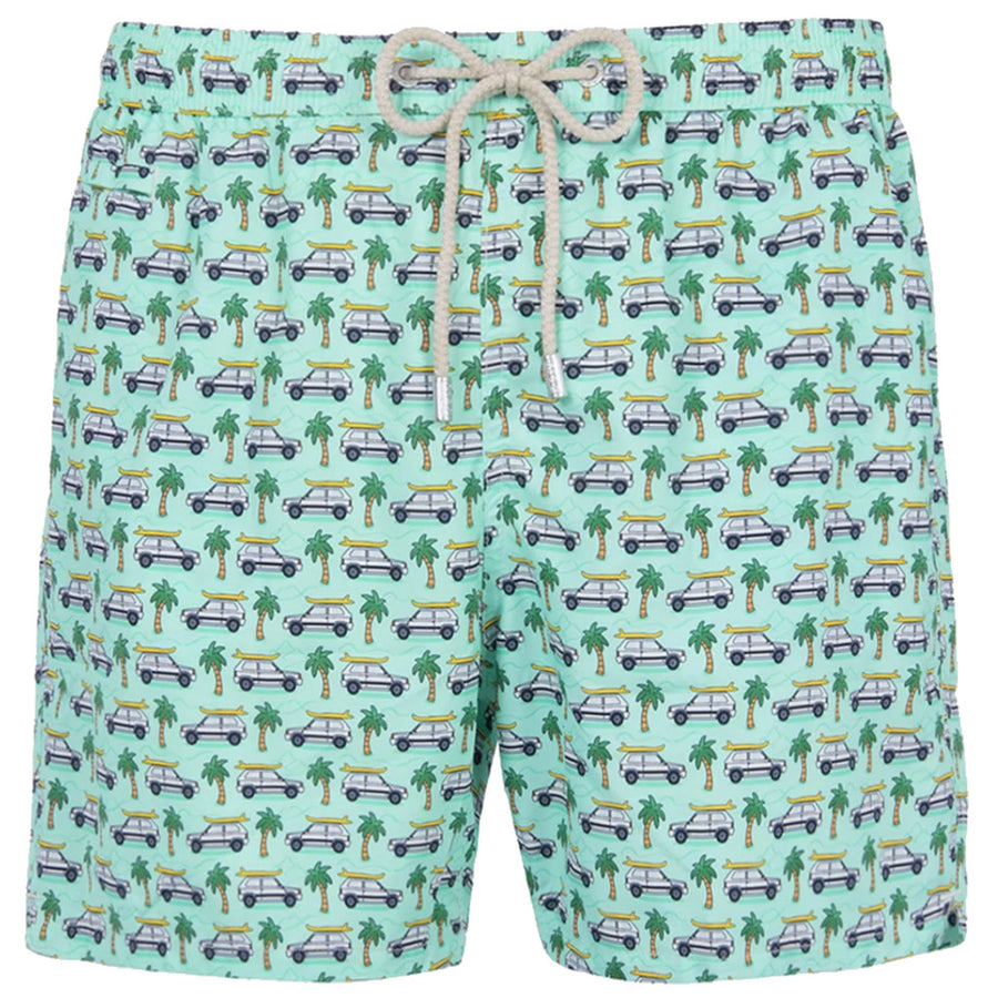 Mc2 Saint Barth – green printed swim trunks – front flat lay with drawstring
