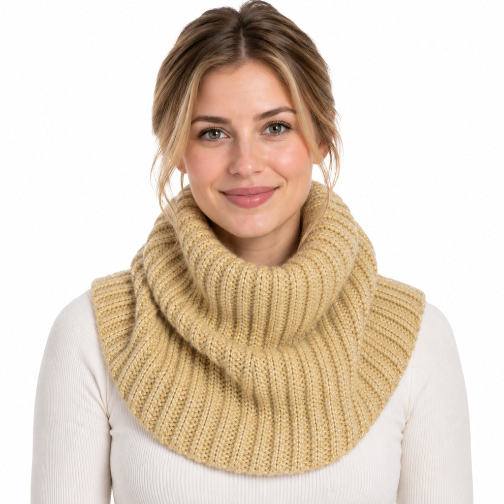 Anna Molinari – yellow metallic wool neck warmer – worn by model as a chunky ribbed cowl