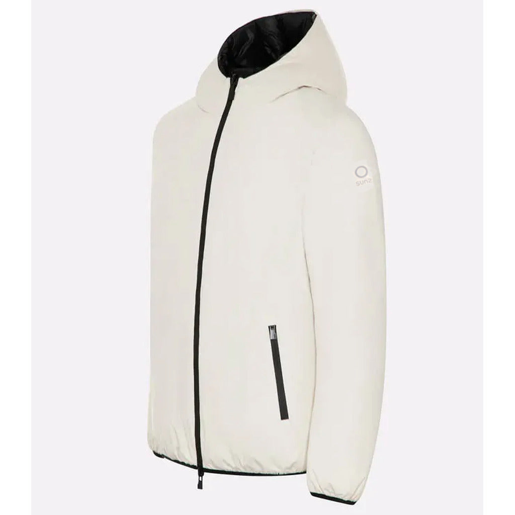Suns – Flaminio white hooded reversible jacket – angled view with black trim