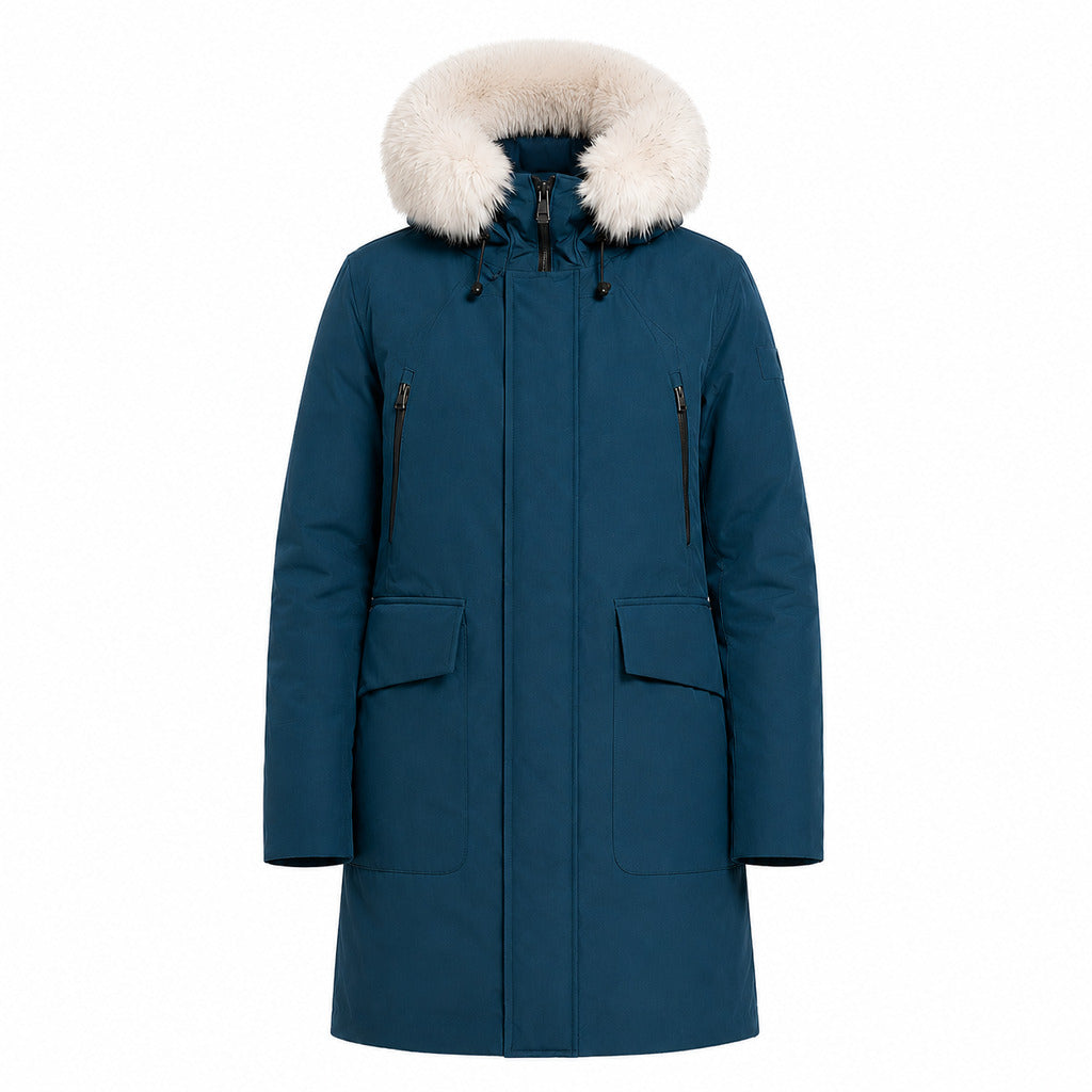 Peuterey – blue hooded down jacket with white fur trim – front packshot