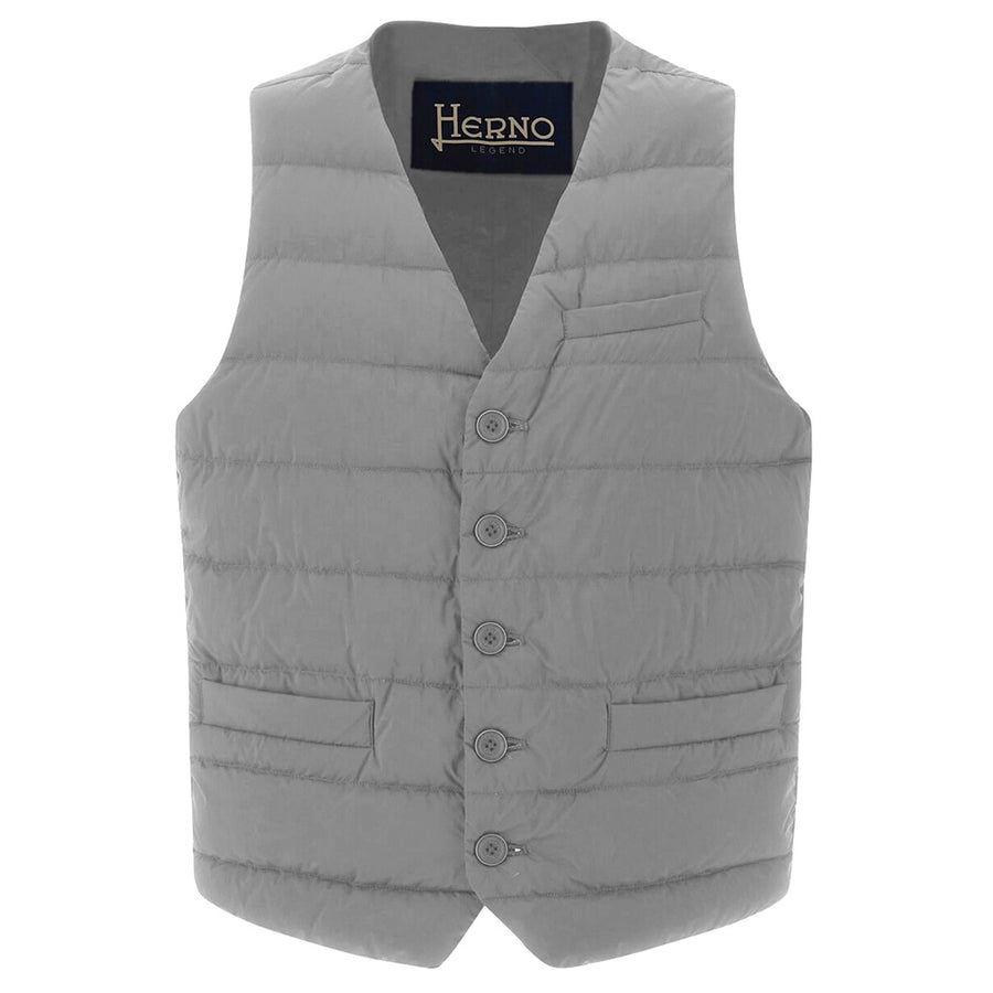 Herno – Legend Vest in Grey Nylon – front packshot with buttons and quilted texture