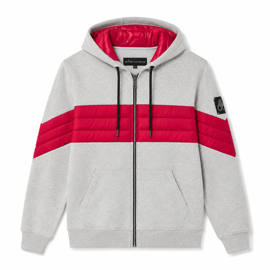 Moose Knuckles – grey quilted zip-up sweatshirt with hood – front flat lay showing red chest panels