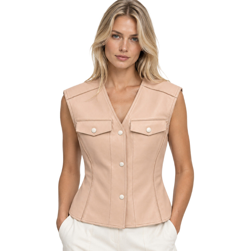 Dolce & Gabbana – beige leather vest – front view worn with white trousers