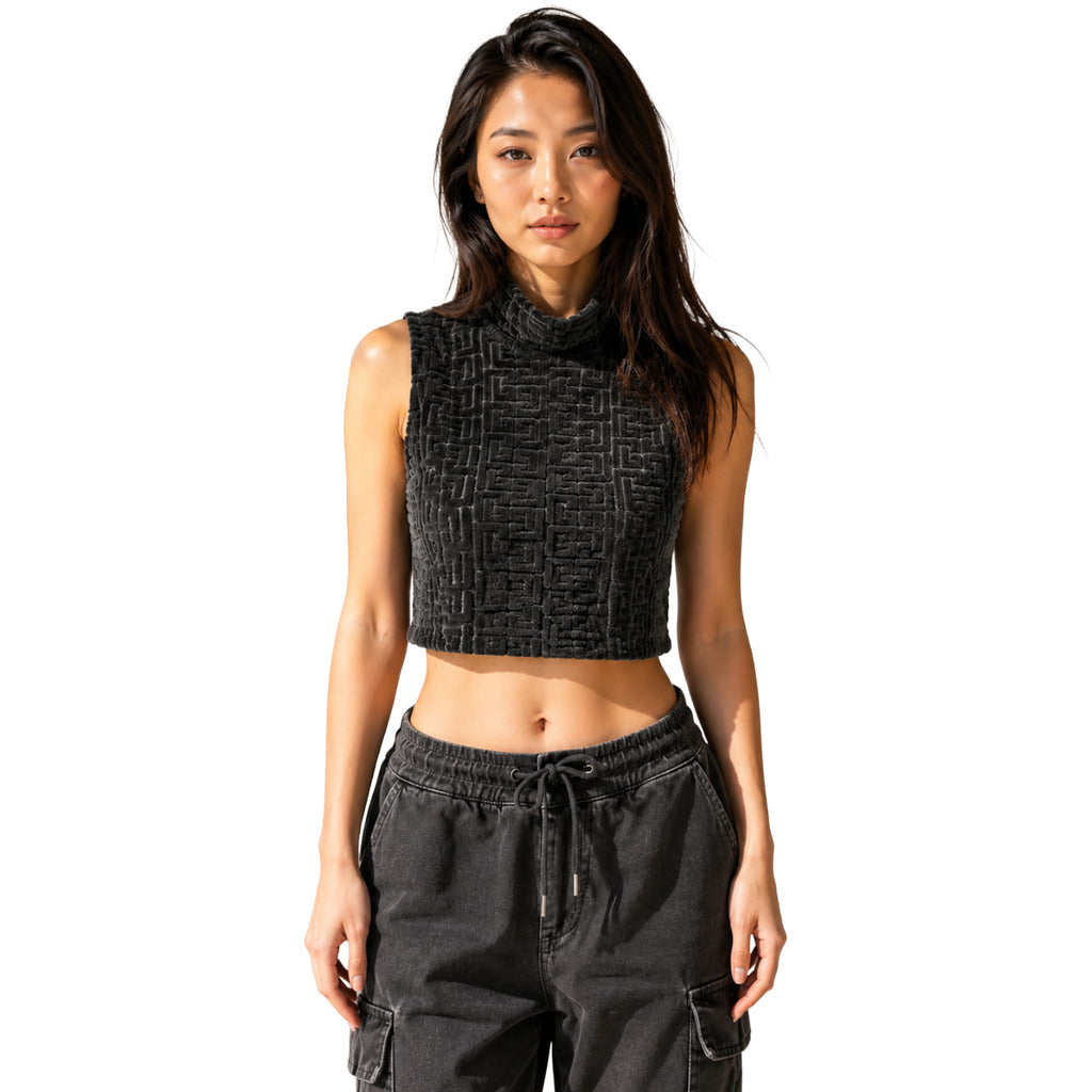 Balmain – black textured sleeveless crop top – front view on model