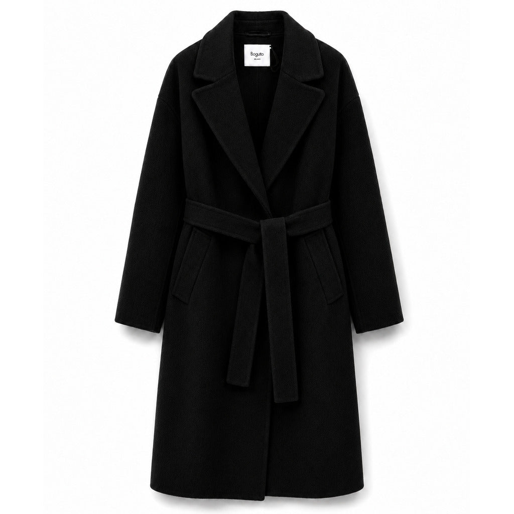 Bagutta – black wool belted long coat – front flat lay with wide lapels and pockets