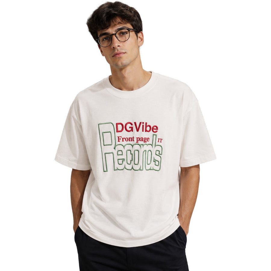 Dolce & Gabbana – white cotton T-shirt – model wearing it, front view with DGVibe print