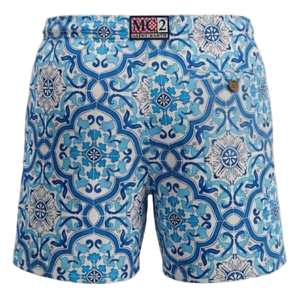 Mc2 Saint Barth – Sicily Tile blue swim trunks – back showing label and side button
