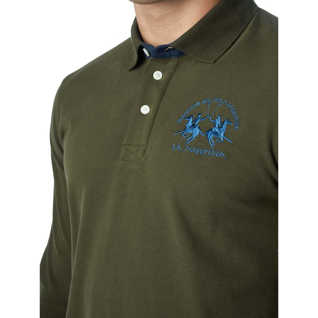 La Martina – Heavy Jersey Polo Shirt in Green – Close-up of collar and embroidered logo