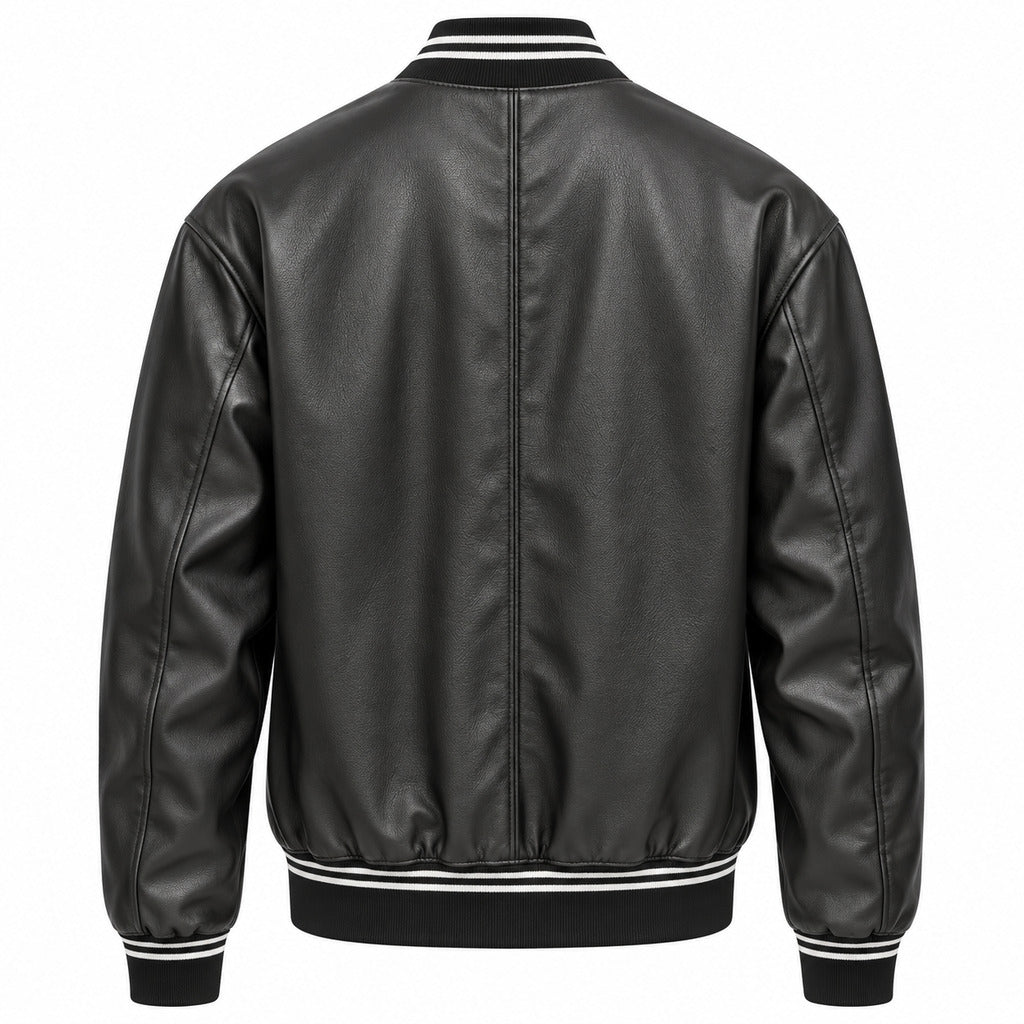 Dolce & Gabbana – black faux leather bomber jacket – back view with striped collar